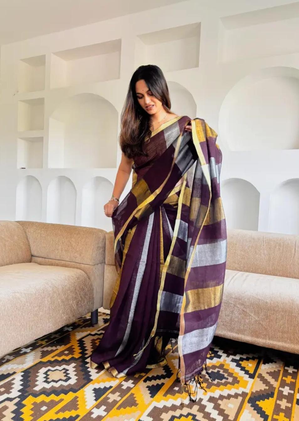 Color: Purple Saree With Gold And Silver Borders