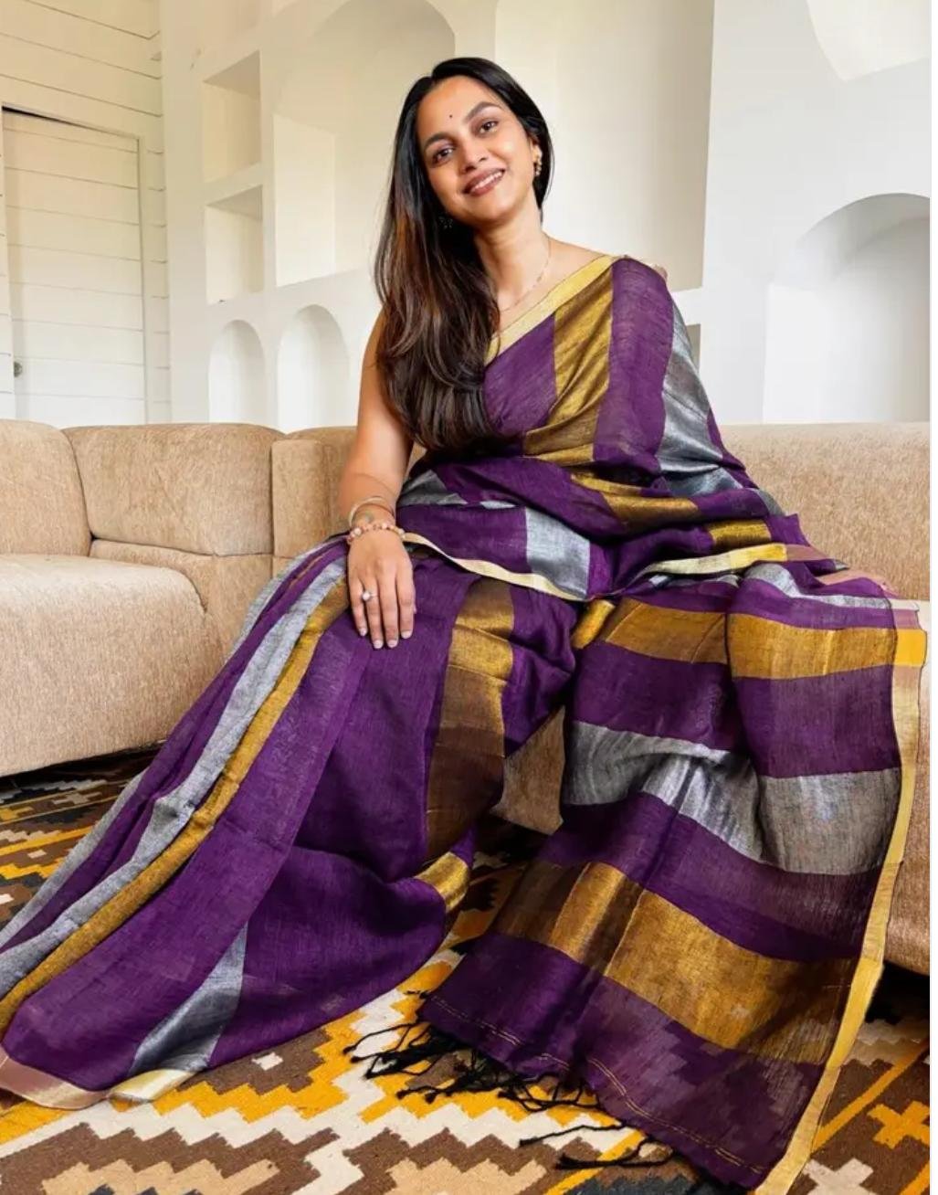 Color: Purple Saree With Gold And Silver Borders