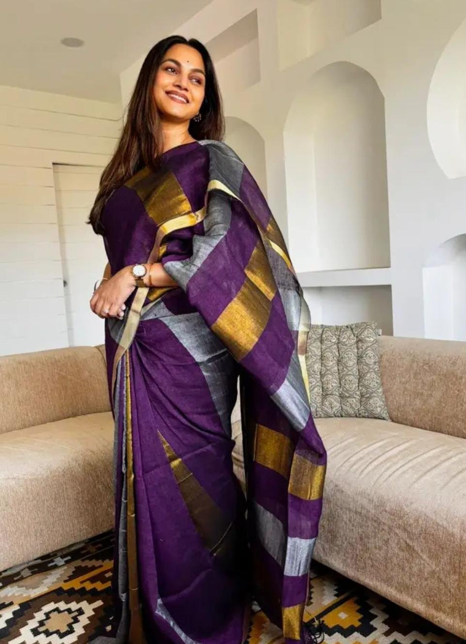 Color: Purple Saree With Gold And Silver Borders