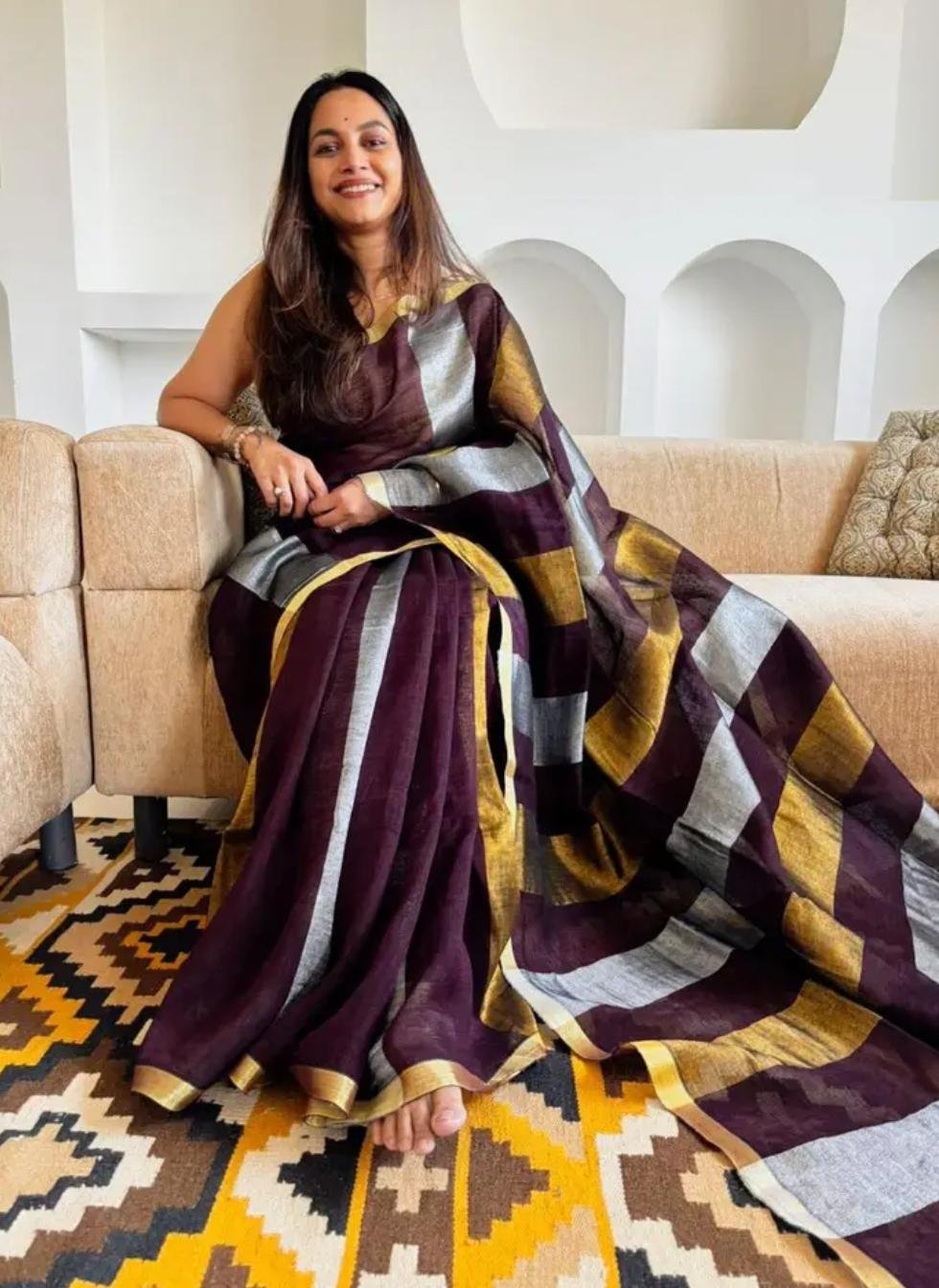 Color: Purple Saree With Gold And Silver Borders