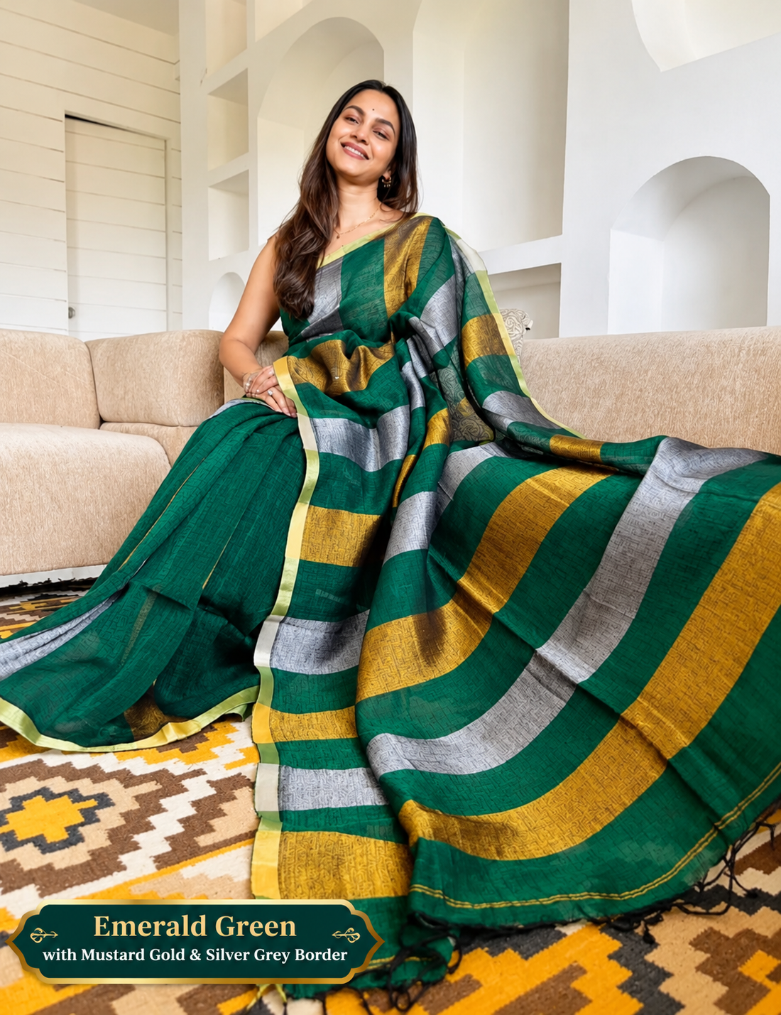 Color: Emerald Green Saree In A Modern Living Room