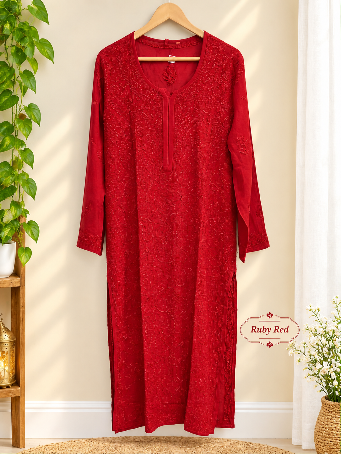 Color: Ruby Red Embroidered Kurta Display
